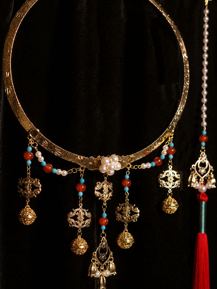 Ming-Style Yingluo Collar Necklace with Liuli Glass and Imitation Pearls-06