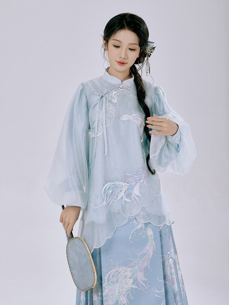 Spiritual Fish and Sea Waves – Dreamy Blue Hanfu Set with Horse Face Skirt Mamianqun Set-03