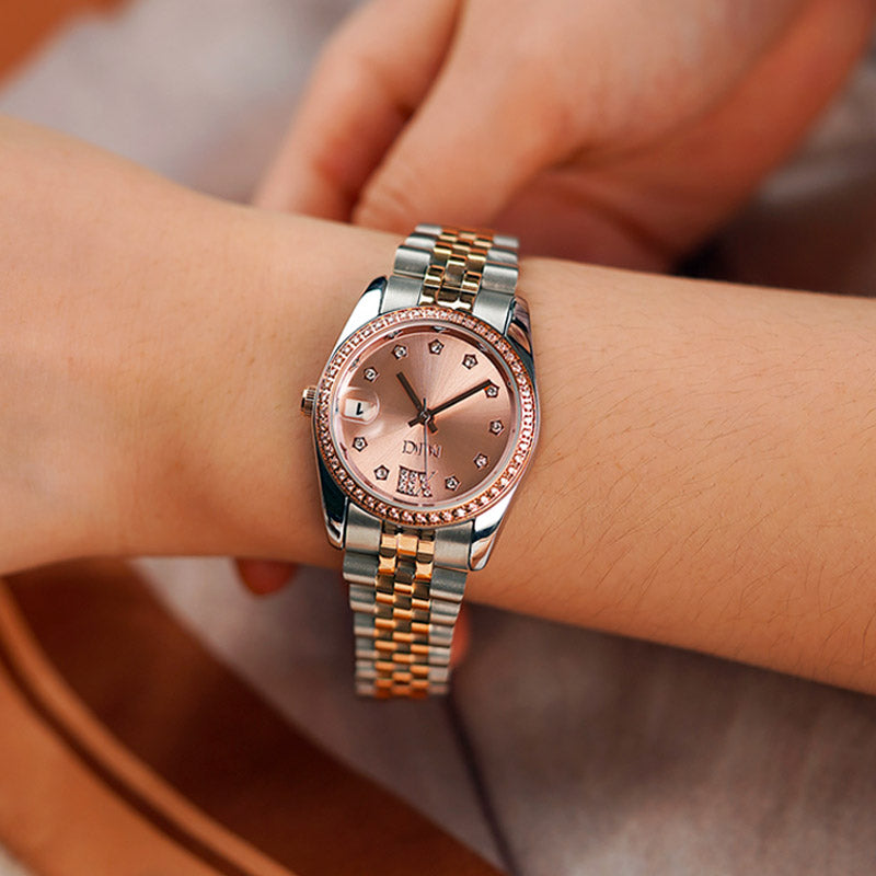 Retro Elegance Versatile Round Berry Nude Pink Dial Gold Watch-05