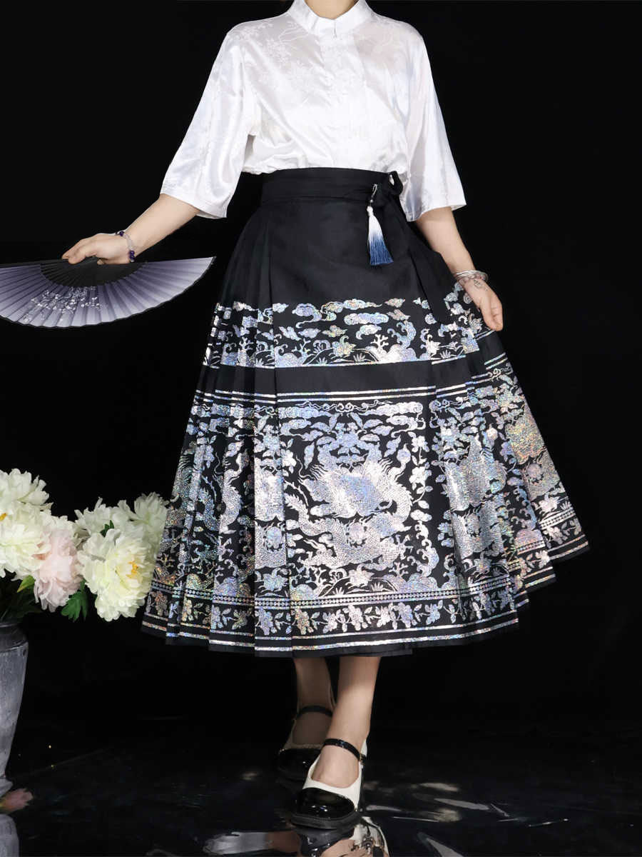 Chinese-style Mang or Bamboo Pattern Mid-Length Hanfu Mamian Skirt-03