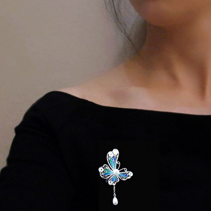 Vintage Cloisonné Silver Filigree Butterfly Inlaid Natural Freshwater Pearl Pendant / Brooch Jewelry Gift-03