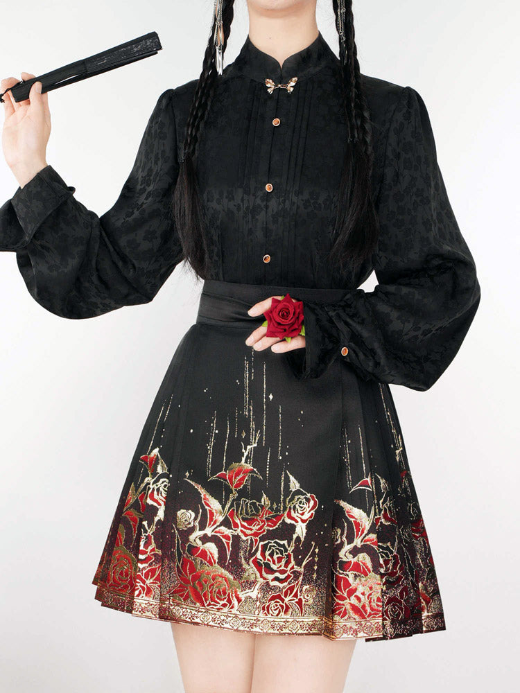 Gilded Roses – Mini Brocade Neo-Chinese Short Mamianqun Skirt-05