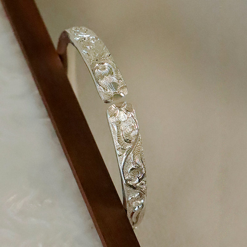 Hand Carved Chinese Style Vintage Vine Pattern Pure Solid Silver Bangle Bracelet-04