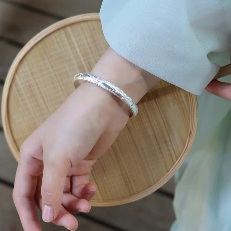 Hand Carved Vintage Chinese Bamboo Leaf Pattern Pure Solid Silver Bangle Bracelet Jewelry Gift-03