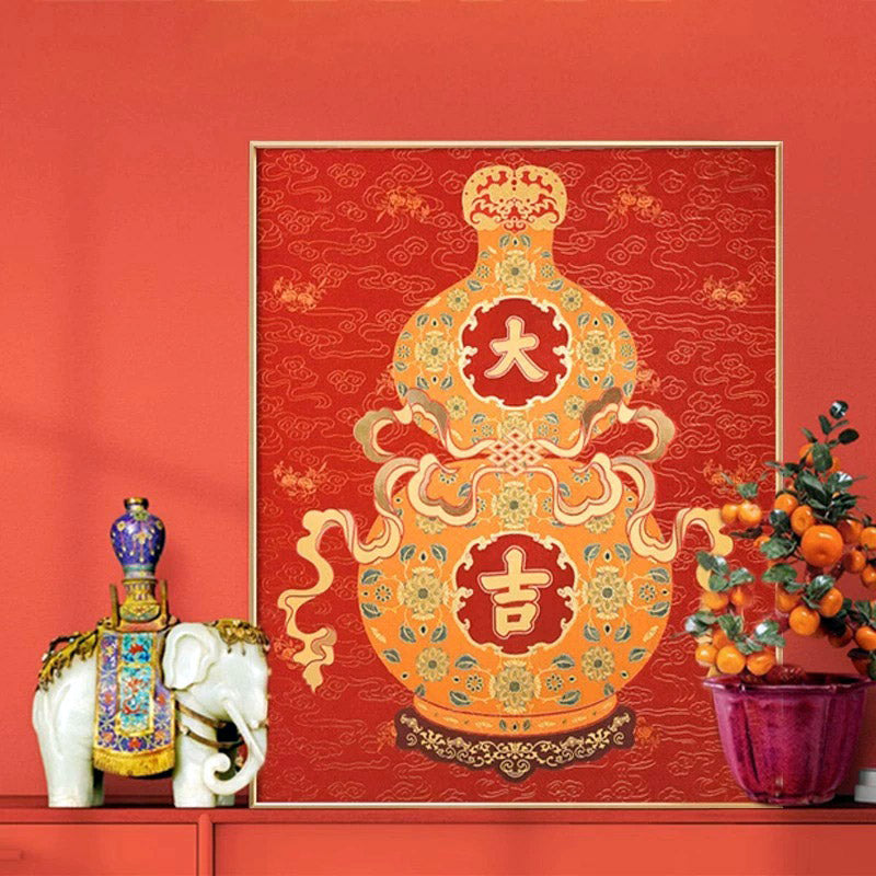 Chinese Auspicious Red Fortune, Prosperity, and Longevity Gourd Decorative Painting-03