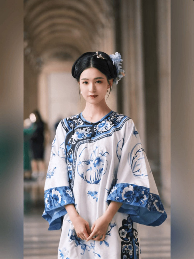 Vintage Han Elements Blue and White Porcelain Printed Jacquard Top for Women-03