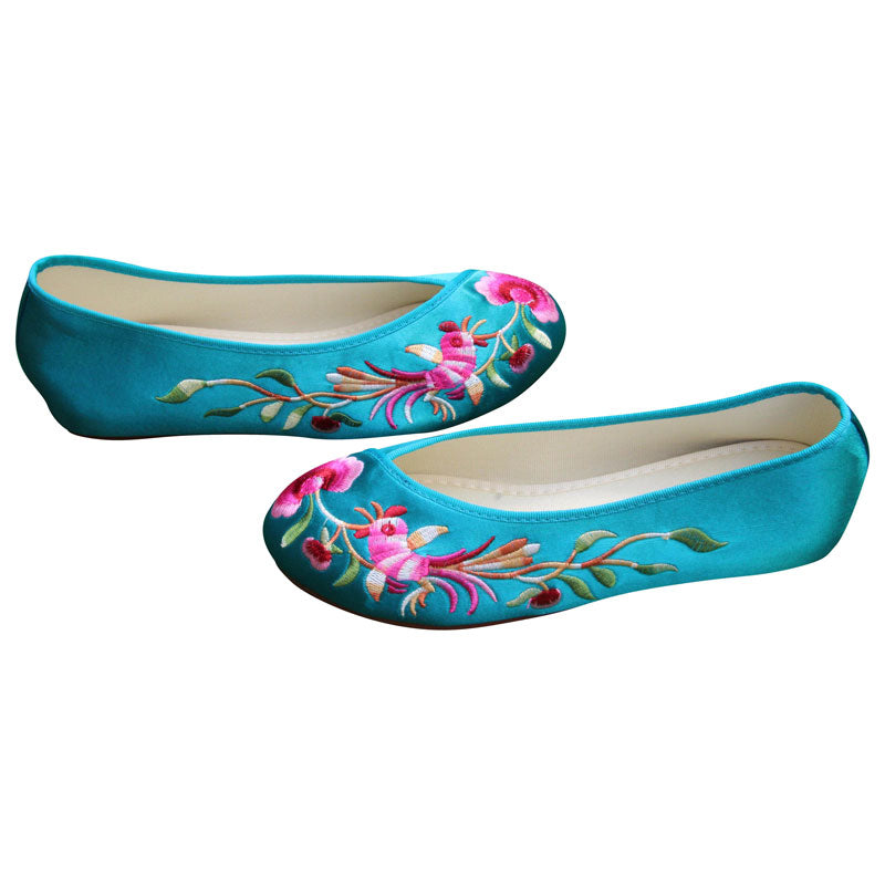 Cockscomb Floral-Embroidered Lake Blue Flats
