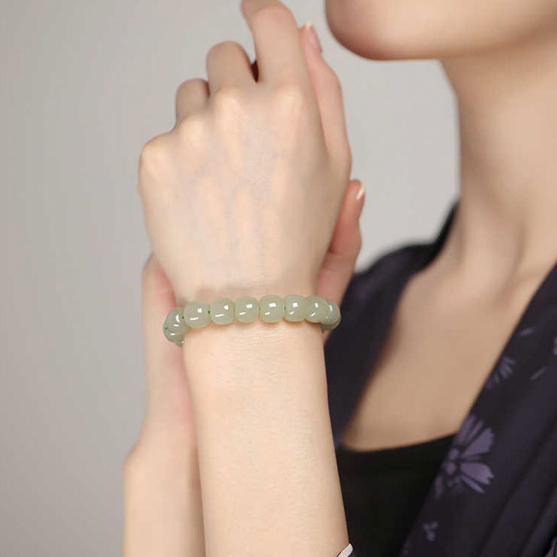 Natural Hetian Jade Beaded Bracelet - Qingshui Tone-05