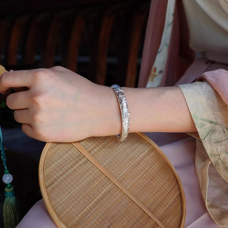 Vintage Chinese Style Hand-Carved Flower Pure Silver Bangle Bracelet for Women-03