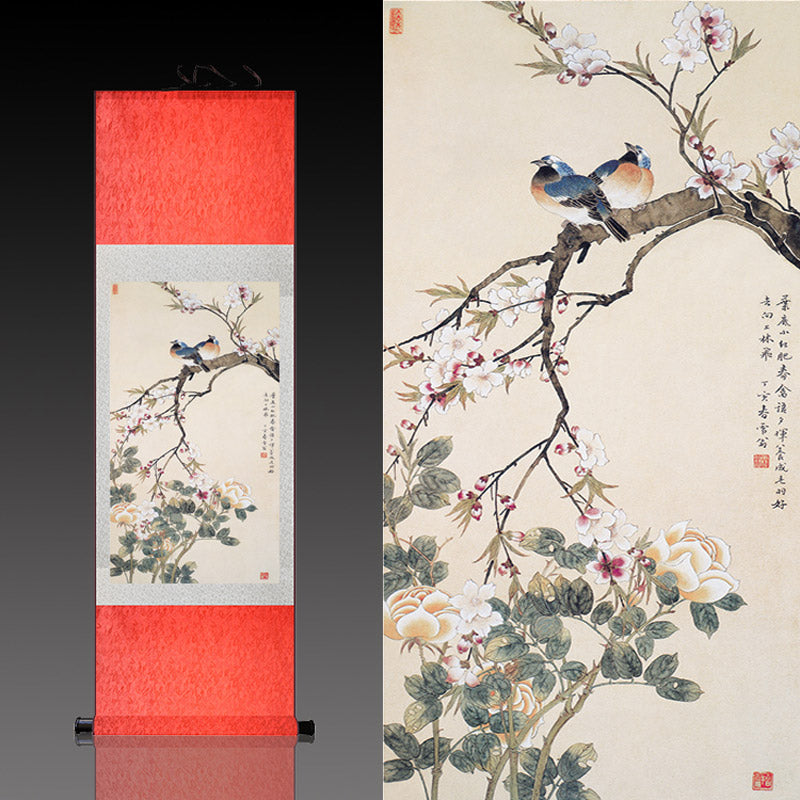 Traditional Chinese Paiting Reproduction Flower and Bird「Peace and Prosperity」Silk Scroll Hanging Painting Wall Decoration Art-05