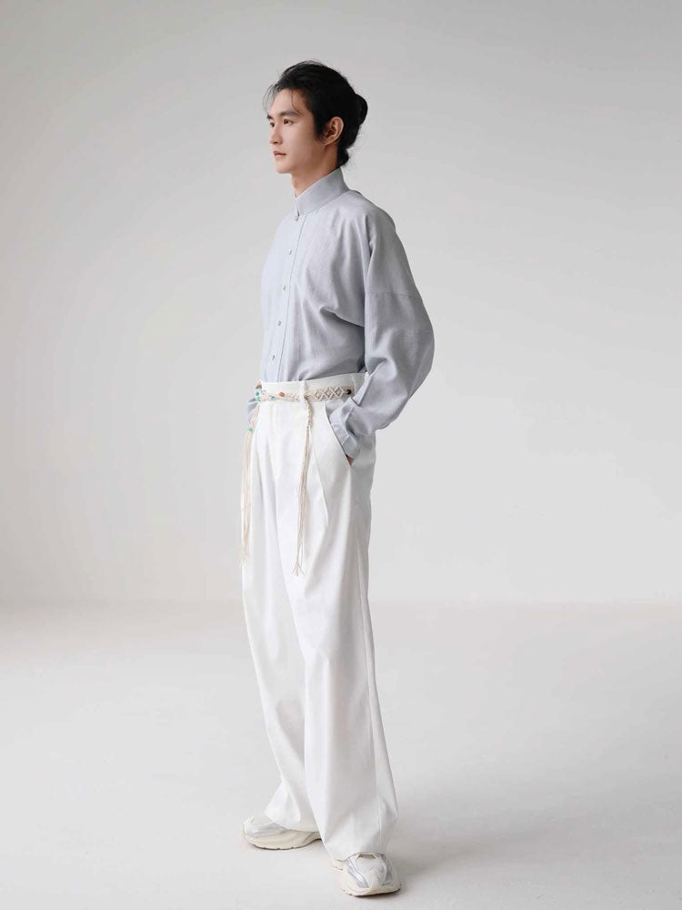 Men’s Light Blue Chinese-Inspired Mandarin Collar Long Sleeve Shirt-04