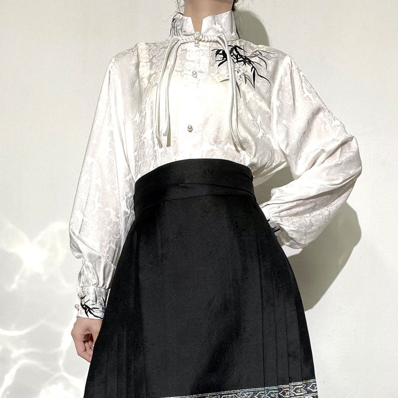 Morden Chinese Embroidered Bamboo Leaf Jacquard Satin Fabric Hanfu Shirt Blouse-03