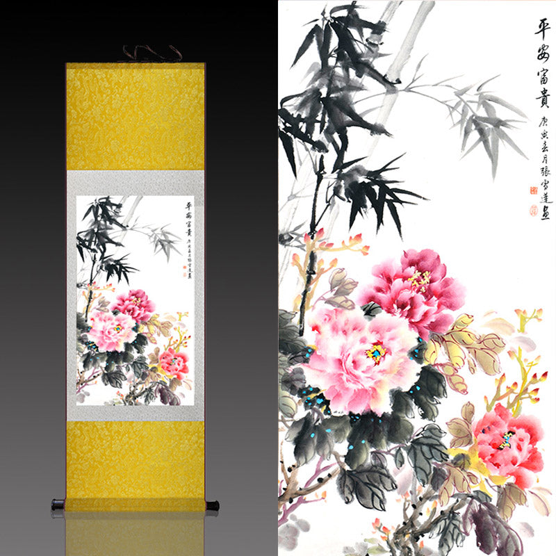 "Peace and Prosperity" Silk Scroll Hanging Painting Reproduction with Bamboo and Peony, a Home Wall Decorative Art Piece-06