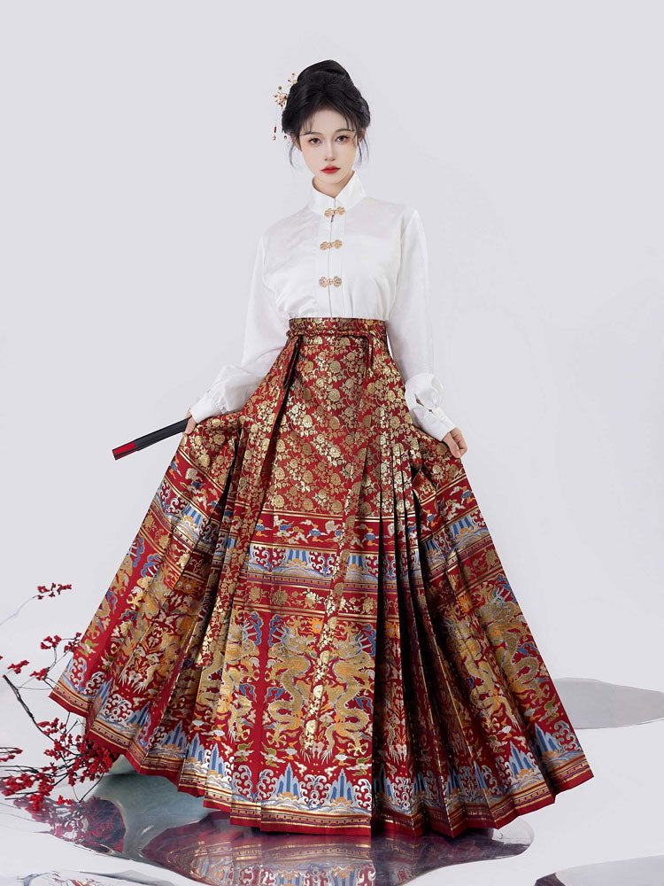 Ming-Style Jacquard Brocade Mamian Skirt - Dragon (Loong) & Waves