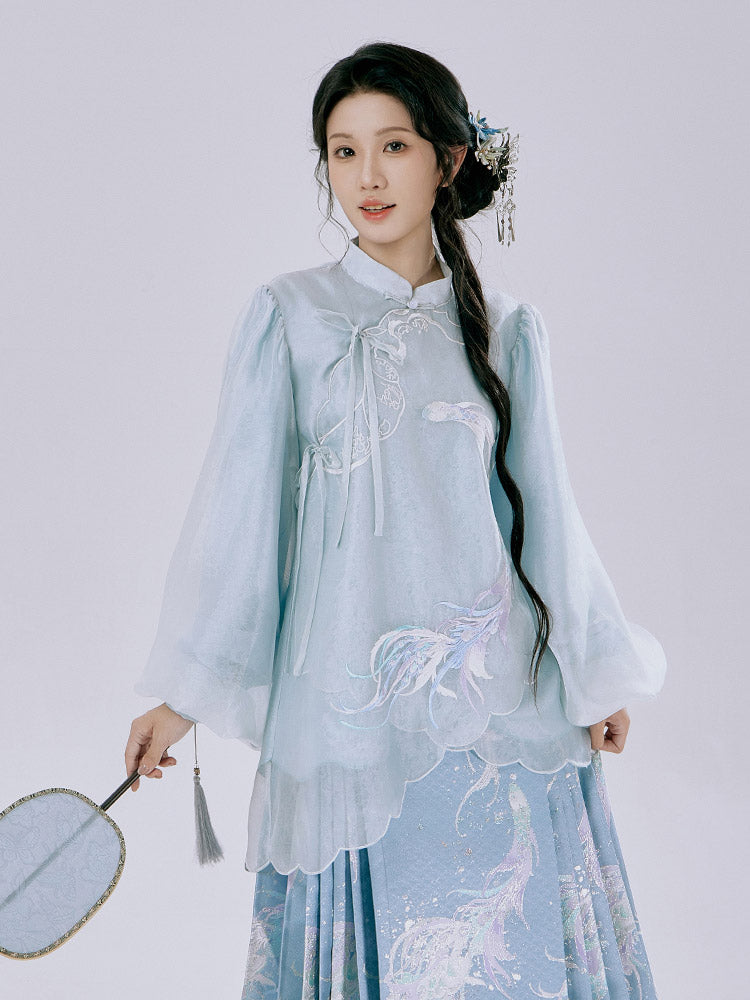 Spiritual Fish and Sea Waves – Dreamy Blue Hanfu Set with Horse Face Skirt Mamianqun Set-06