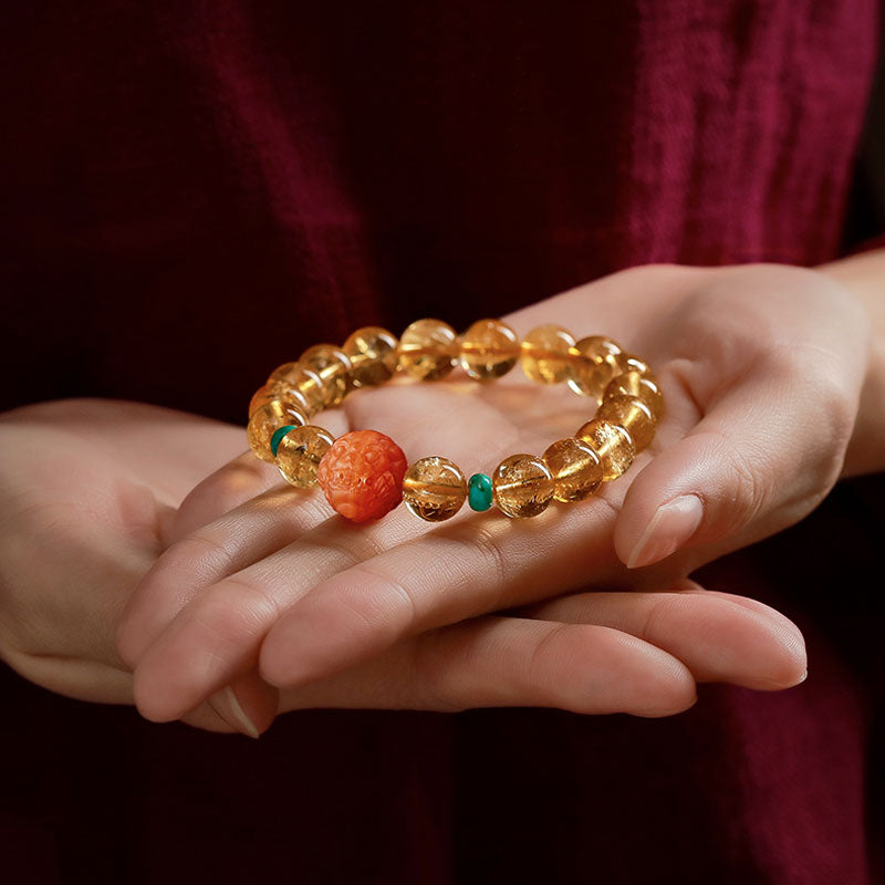 Natural Yellow Citrine Bracelet with South Red Agate Pixiu and Turquoise Beads-03