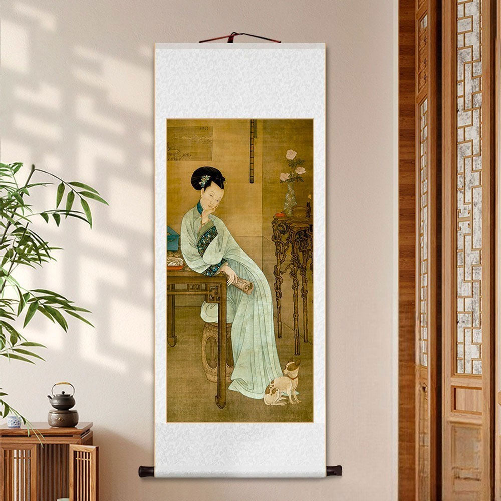 “Spring Chamber Reading” Classical Chinese Scroll Wall Art Reproduction-01