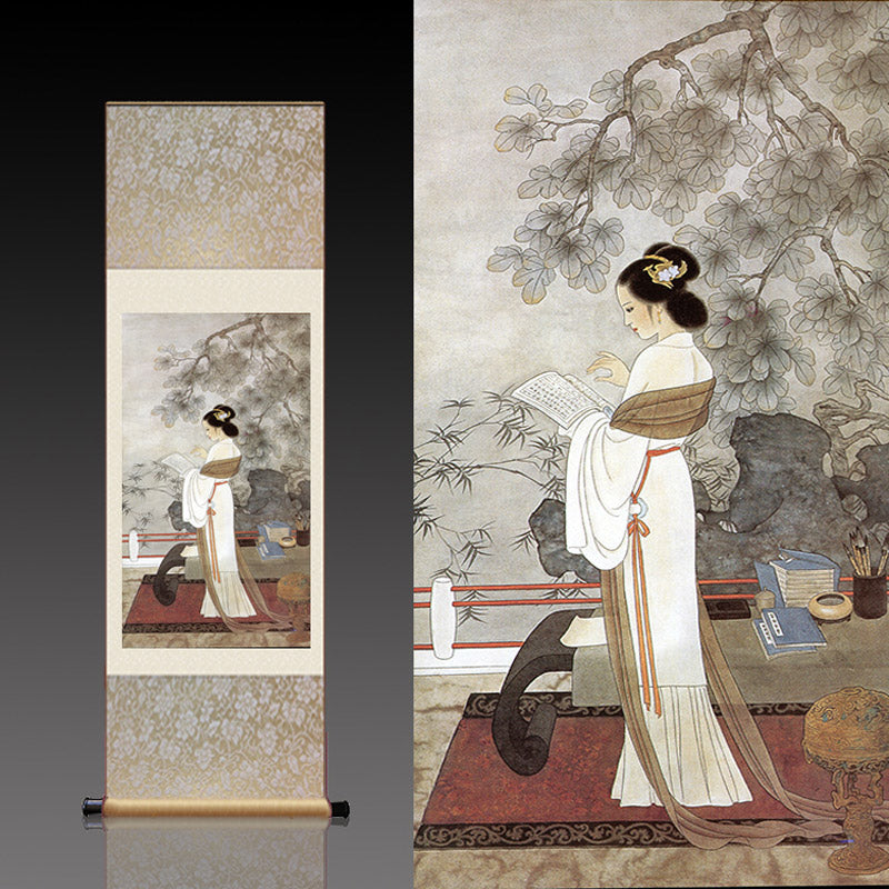 Traditional Chinese Painting Reading Lady Silk Scroll Hanging Painting Wall Decoration Art