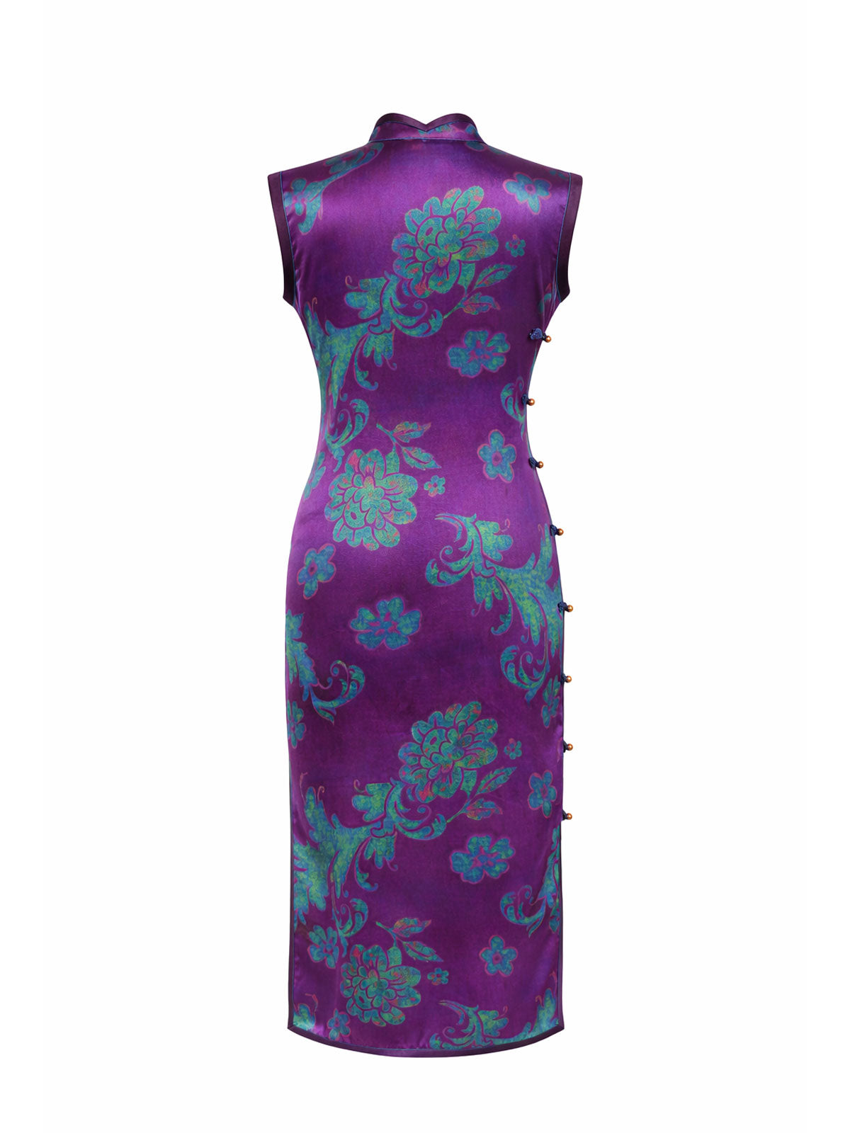 Purple Vintage Floral Handmade Mulberry Silk Qipao Cheongsam Dress-03