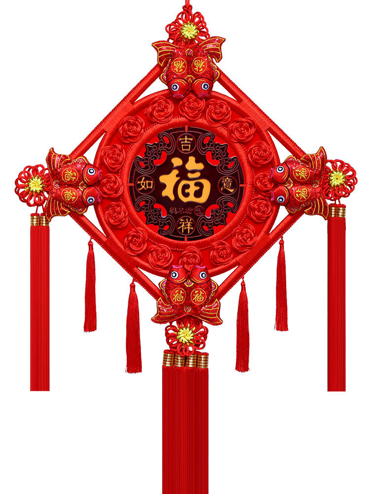 Auspicious Peach Wood Lucky Fish Chinese Knot Wall Hanging Decoration for Living Room, Housewarming Gift-03