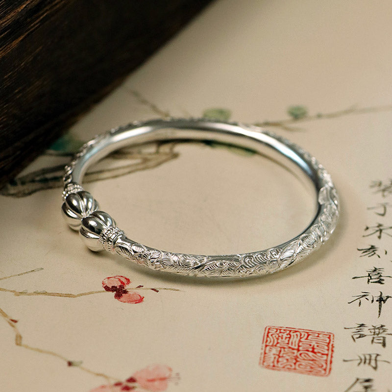 Vintage Chinese StylHand-Carved Peony Flower Pure Silver Bangle Bracelet with Pumpkin Shaped Opening Cuff-04