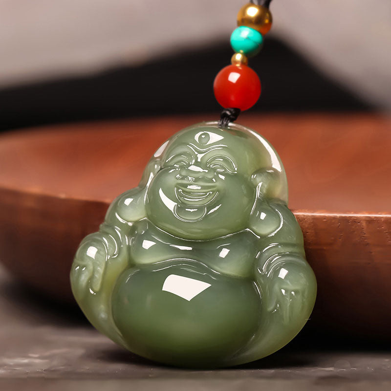 Natural Xinjiang Hetian Jade Green Jade Maitreya Buddha Jade Pendant Necklace-03