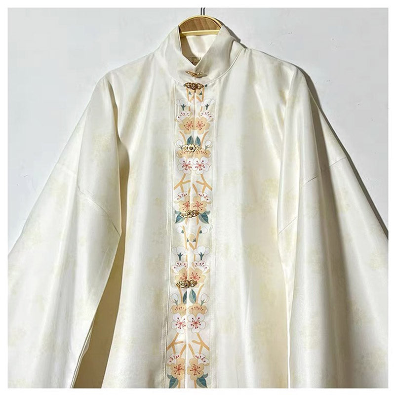 Ming Dynasty Stand-up Collar Beige Printed Front Placket Improved Daily Hanfu Shirt Top-03