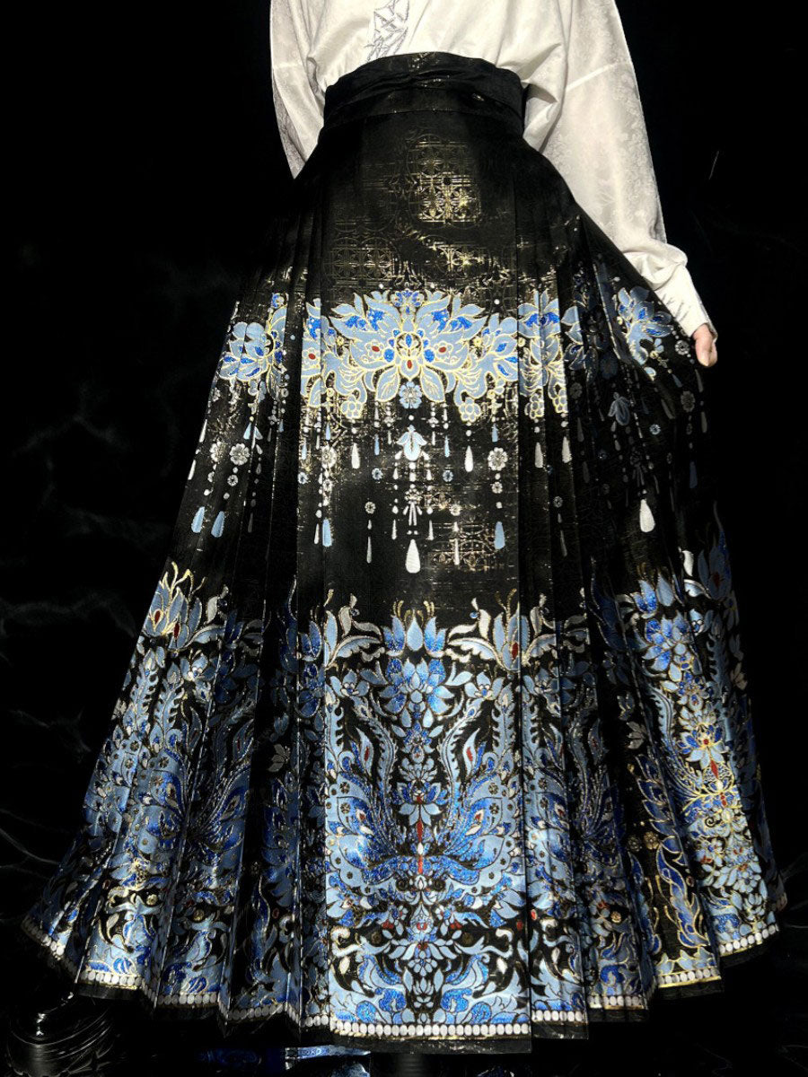 Qingluan Feather Mamian Skirt – Ming-Style Kingfisher Blue & Gold Hanfu Skirt-05