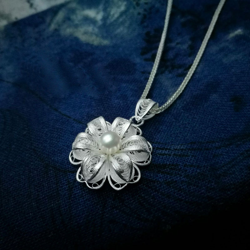 Handcrafted Silver Filigree Inlaid Natural Freshwater Pearl Pendant Necklace-03