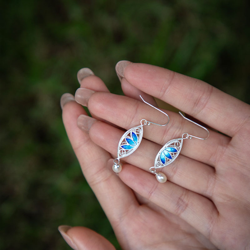 Vintage Cloisonné Silver Filigree Lotus Drop Earrings with Pearl-03