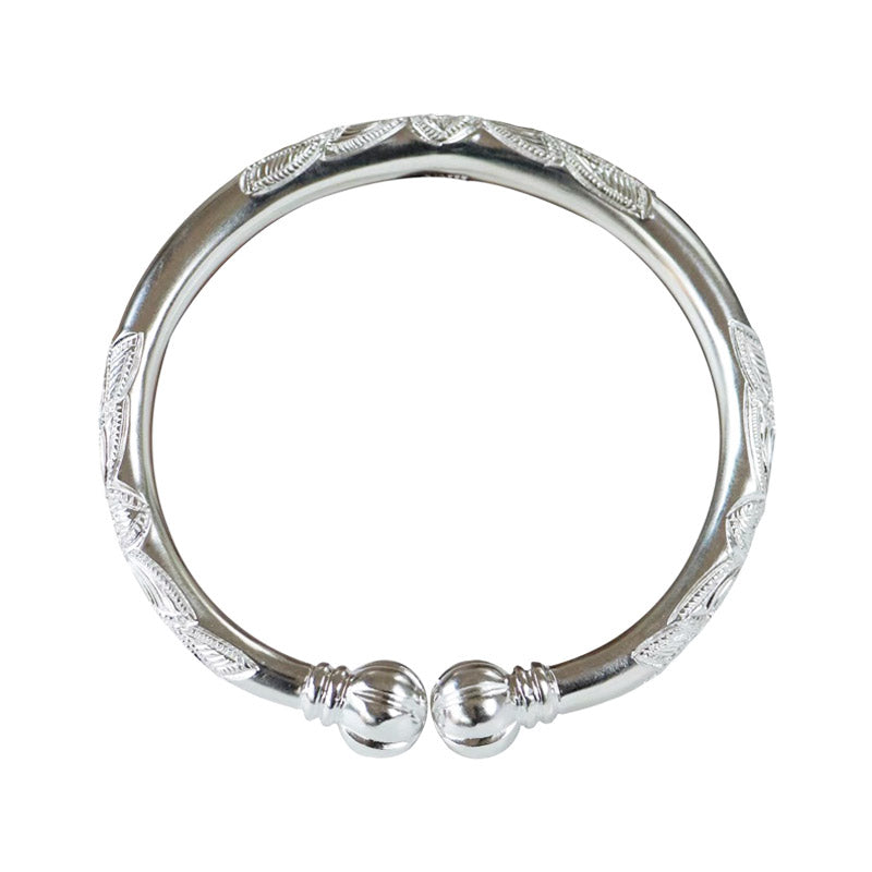 Hand Carved Retro Chinese Lotus Pattern Pure Solid Silver Bangle Bracelet with Pumpkin Shaped Opening-04