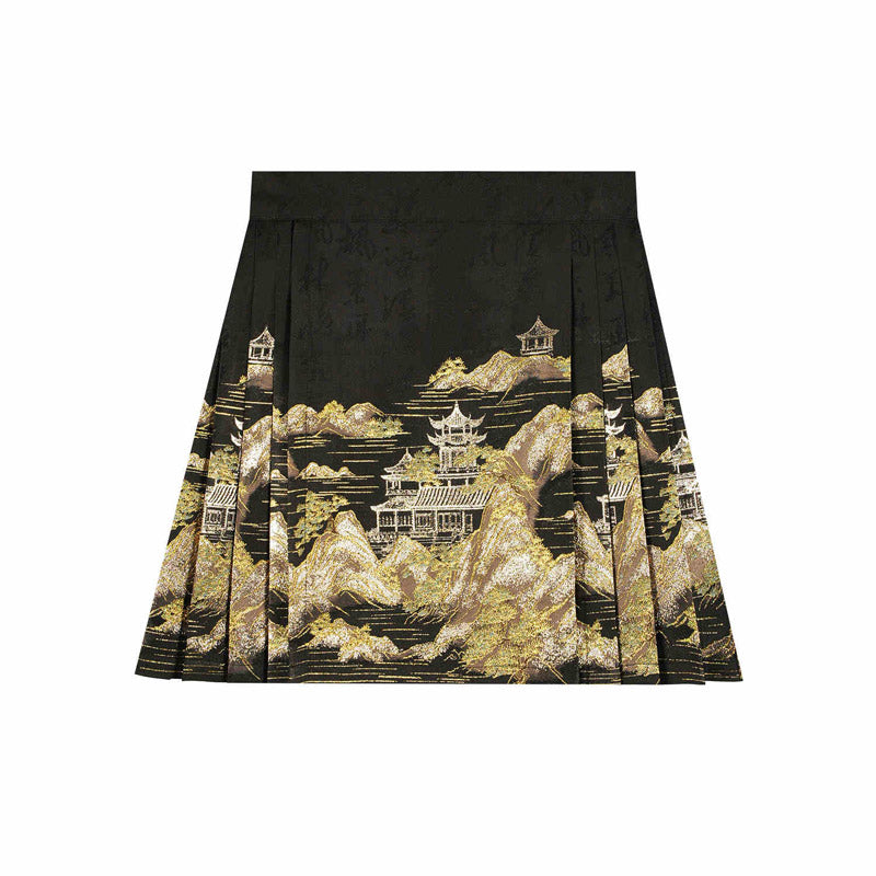 Mountains, Waters, and Pavilions – Woven Gold Short Mamianqun Skirt Neo-Hanfu Mini Skirt-07