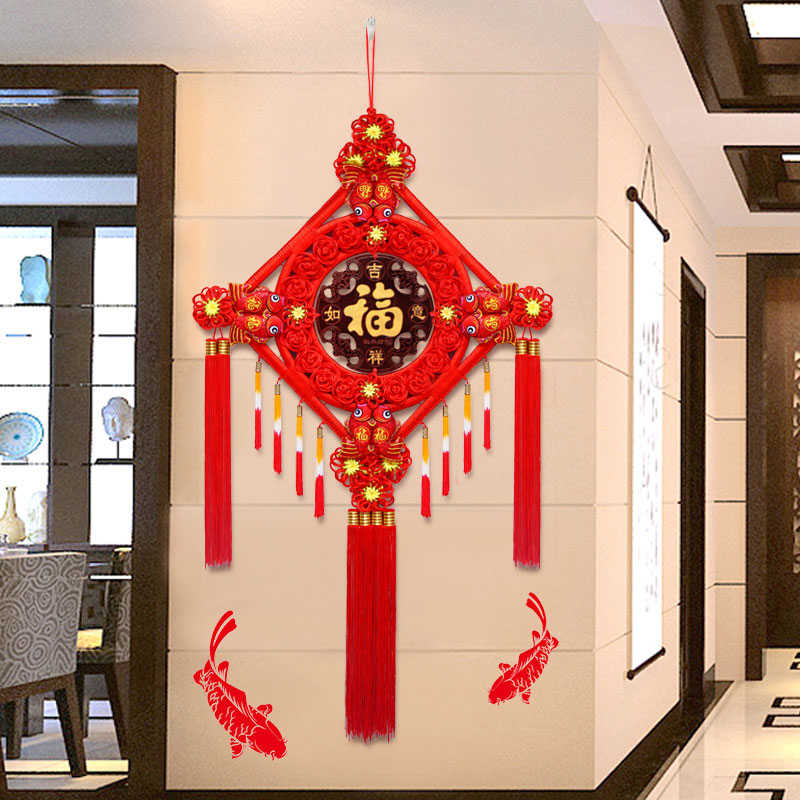 Auspicious Peach Wood Lucky Fish Chinese Knot Wall Hanging Decoration for Living Room, Housewarming Gift-04