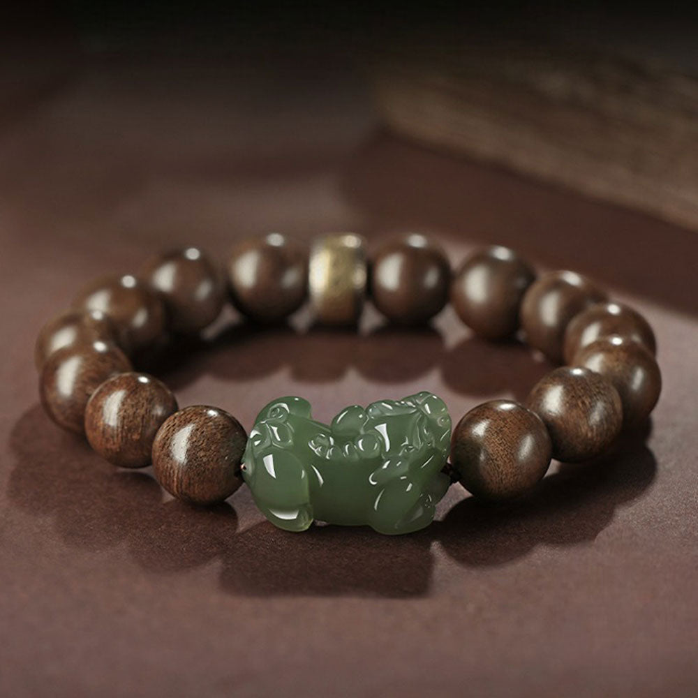 Natural Agarwood Beads with Hetian Qing Jade Pixiu-06