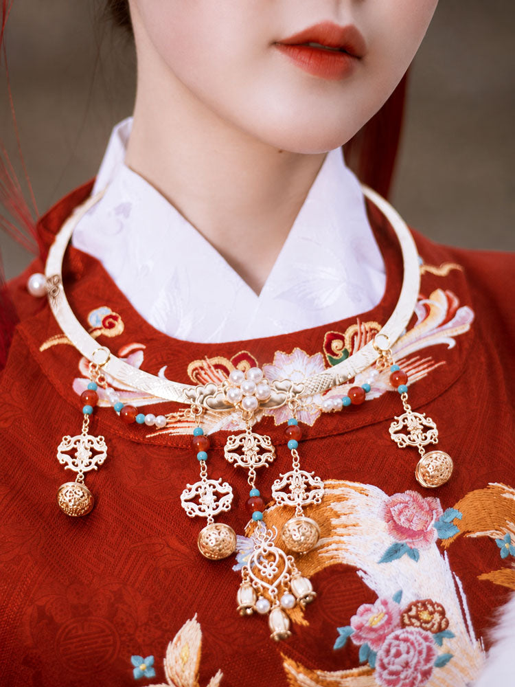 Ming-Style Yingluo Collar Necklace with Liuli Glass and Imitation Pearls-05