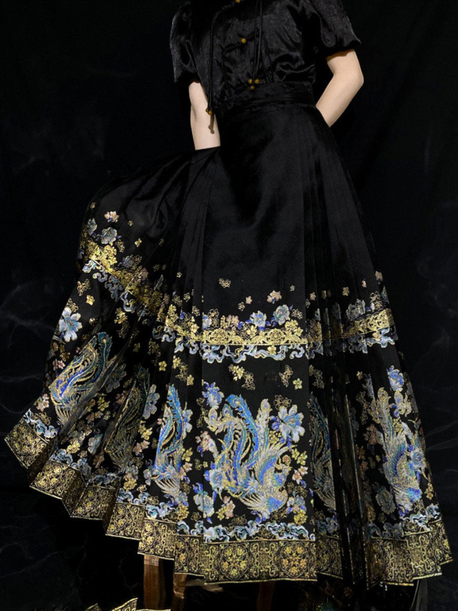 Phoenix in Flight Brocade Mamian Skirt – Ming-Style Woven Gold Hanfu Skirt-04