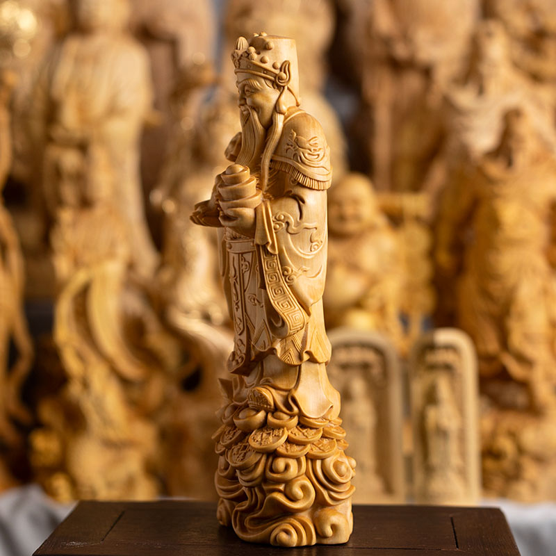 Hand-Carved Boxwood God of Wealth Statue Chinese Caishen Ye Sculpture-04