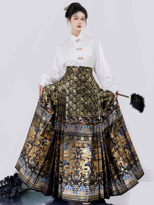 Dragon in Motion - Ming-Inspired Zhuanghua Brocade Mamian Skirt-01