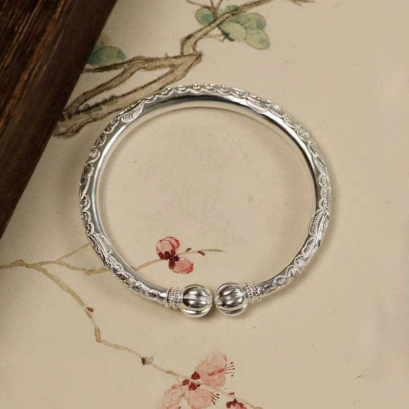 Vintage Chinese StylHand-Carved Peony Flower Pure Silver Bangle Bracelet with Pumpkin Shaped Opening Cuff-03