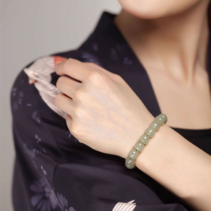 Natural Hetian Jade Beaded Bracelet - Qingshui Tone-06