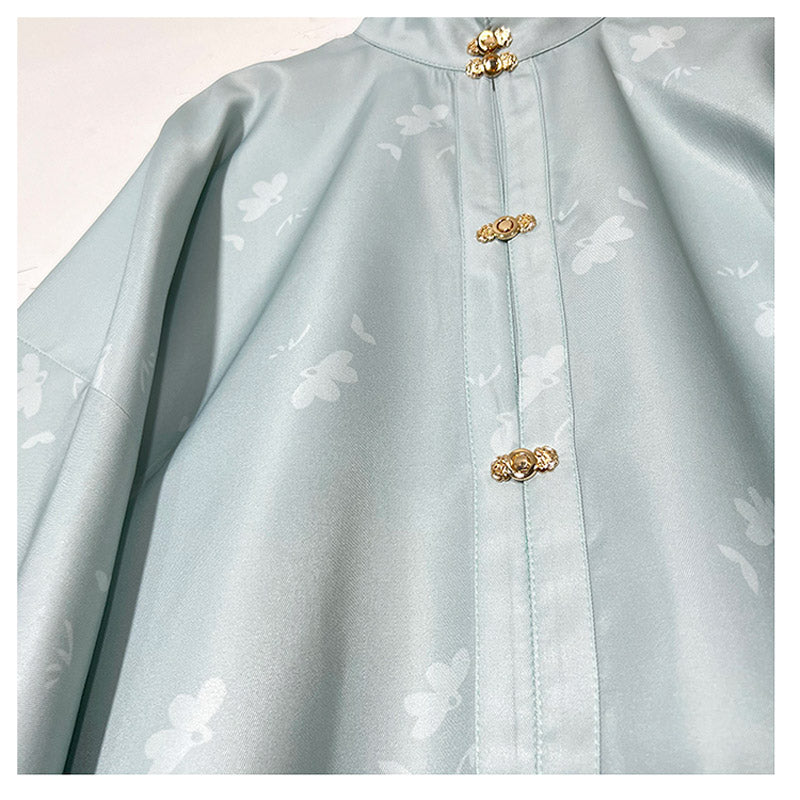 Ming Dynasty Stand-up Collar Han Element Solid Color Front Placket Daily Shirt Top-06