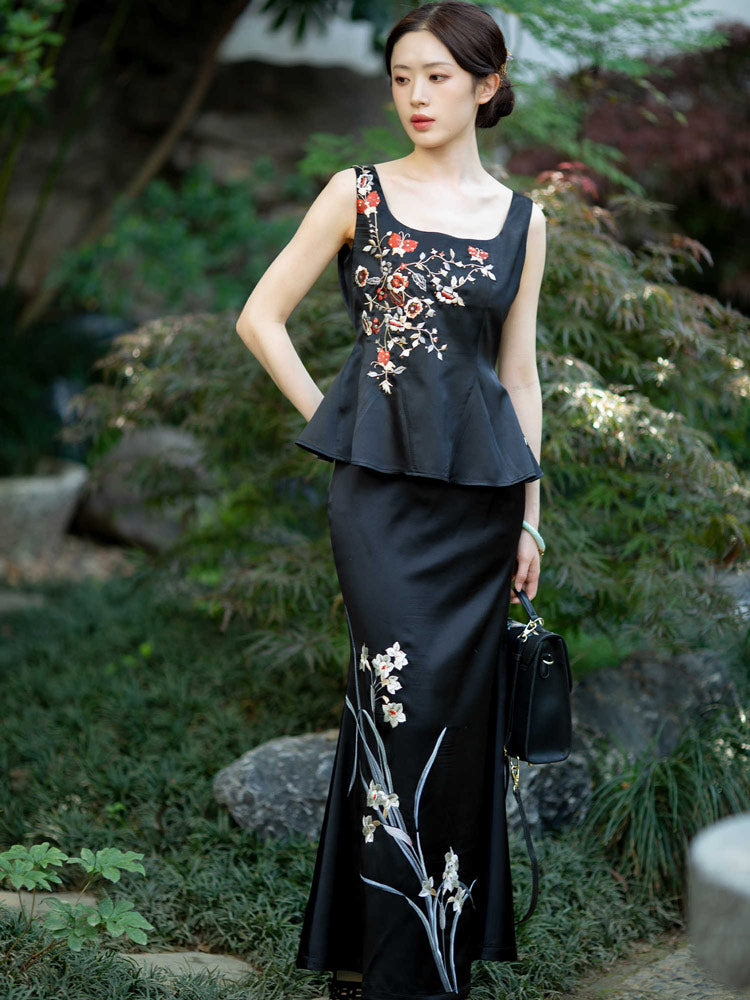 Chinese-Inspired Vintage Embroidery Silk Satin Fitted Mermaid Skirt-04
