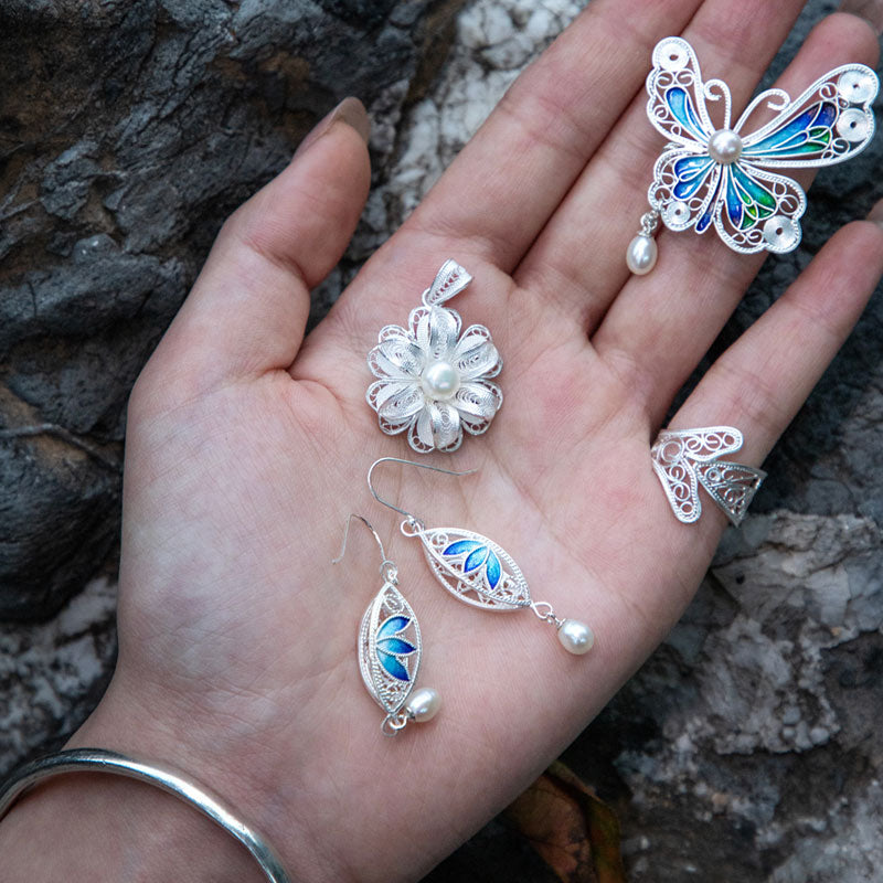 Vintage Cloisonné Silver Filigree Lotus Drop Earrings with Pearl-04
