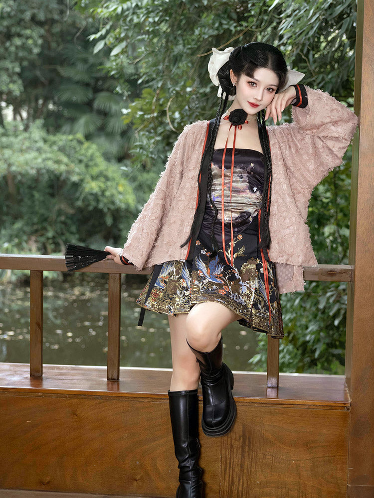 Magpie Herald of Joy – Chinese Magpie and Plum Blossom Brocade Woven Gold Mini Mamianqun Hanfu Skirt-03