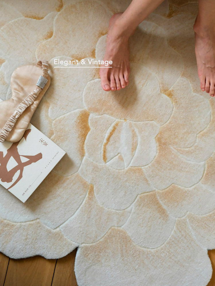"Golden Silk White Peony" Handwoven White Peony Flower Shaped Rug Home Decor-03