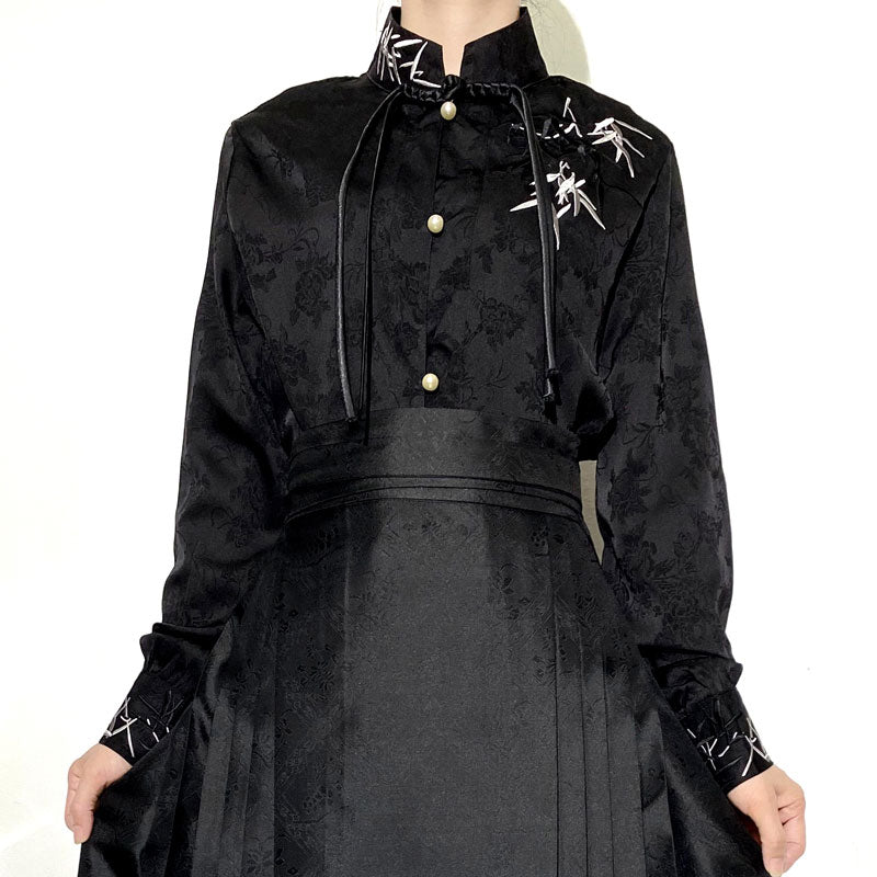 Morden Chinese Embroidered Bamboo Leaf Jacquard Satin Fabric Hanfu Shirt Blouse-04