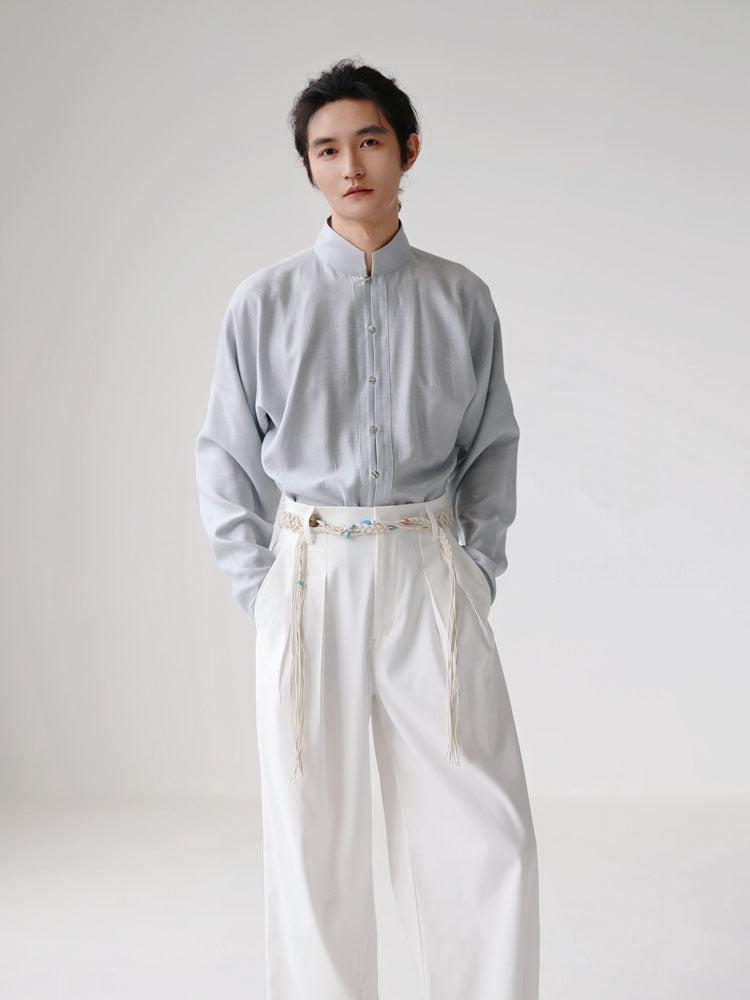 Men’s Light Blue Chinese-Inspired Mandarin Collar Long Sleeve Shirt-05
