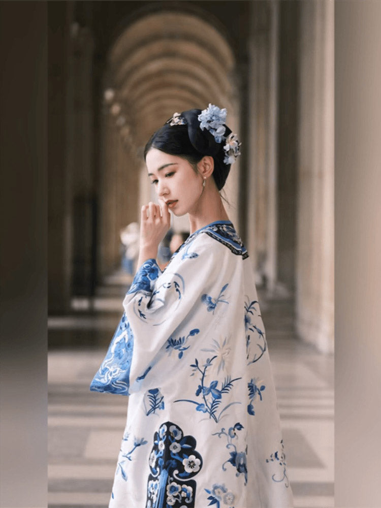 Vintage Han Elements Blue and White Porcelain Printed Jacquard Top for Women-05