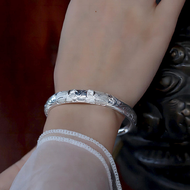 Vintage Chinese Style Hand-Carved Flower Pure Silver Bangle Bracelet for Women-05