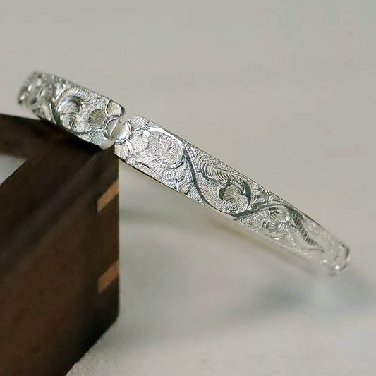Hand Carved Chinese Style Vintage Vine Pattern Pure Solid Silver Bangle Bracelet-01